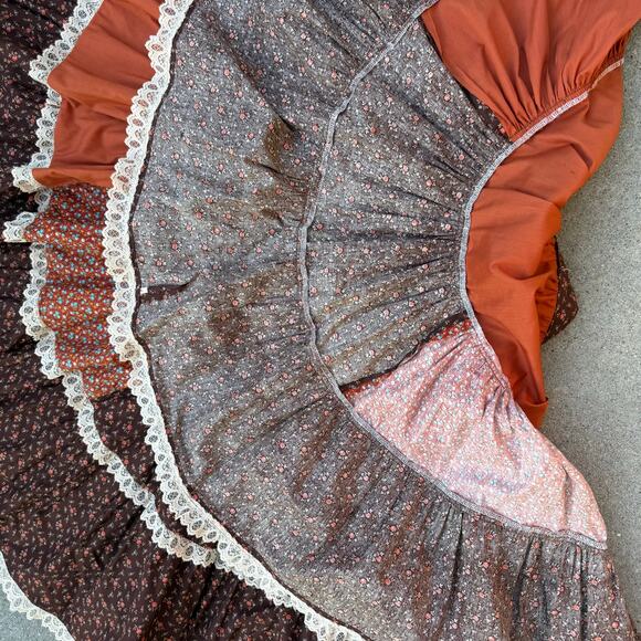 Vintage 70s 80s Orange Brown Calico Floral Ruffle Lace Circle Square Dance Skirt - Picture 5 of 8